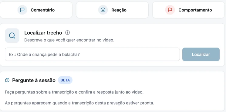 Recording review tools: comment, reaction, behavior, locate segment, and ask the session.